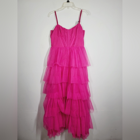 Lulus Rule the Runway Hot Pink Tulle Bustier Tiered Maxi Dress, Size Large - Picture 2 of 5